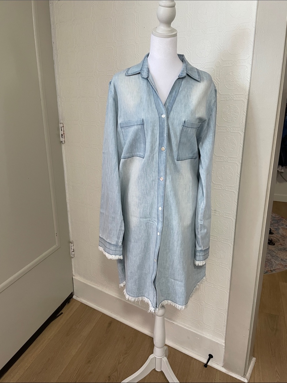 Light Wash Denim Shirt Dress with Fringe Hem